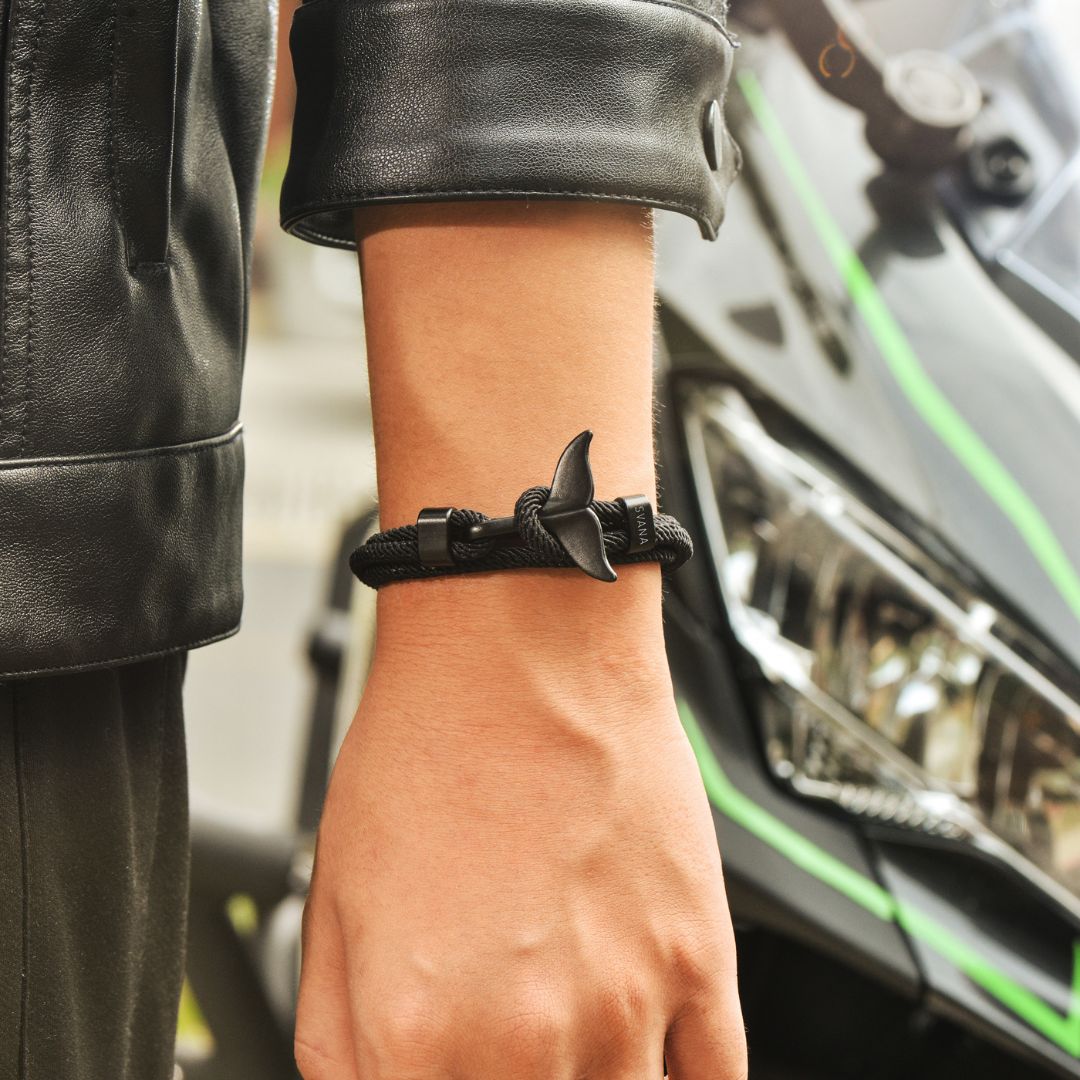 model wearing black To My Son Whale Tail Nautical Bracelet
