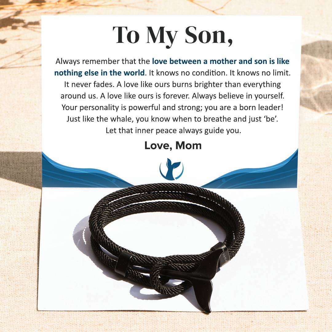 black To My Son Whale Tail Nautical Bracelet on a personalized message card