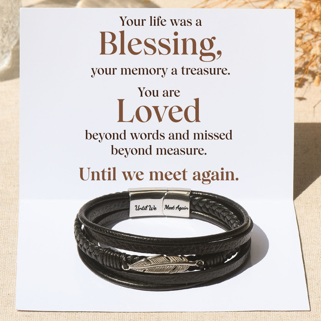 Until We Meet Again Memorial Feather Bracelet on a white personalized message card