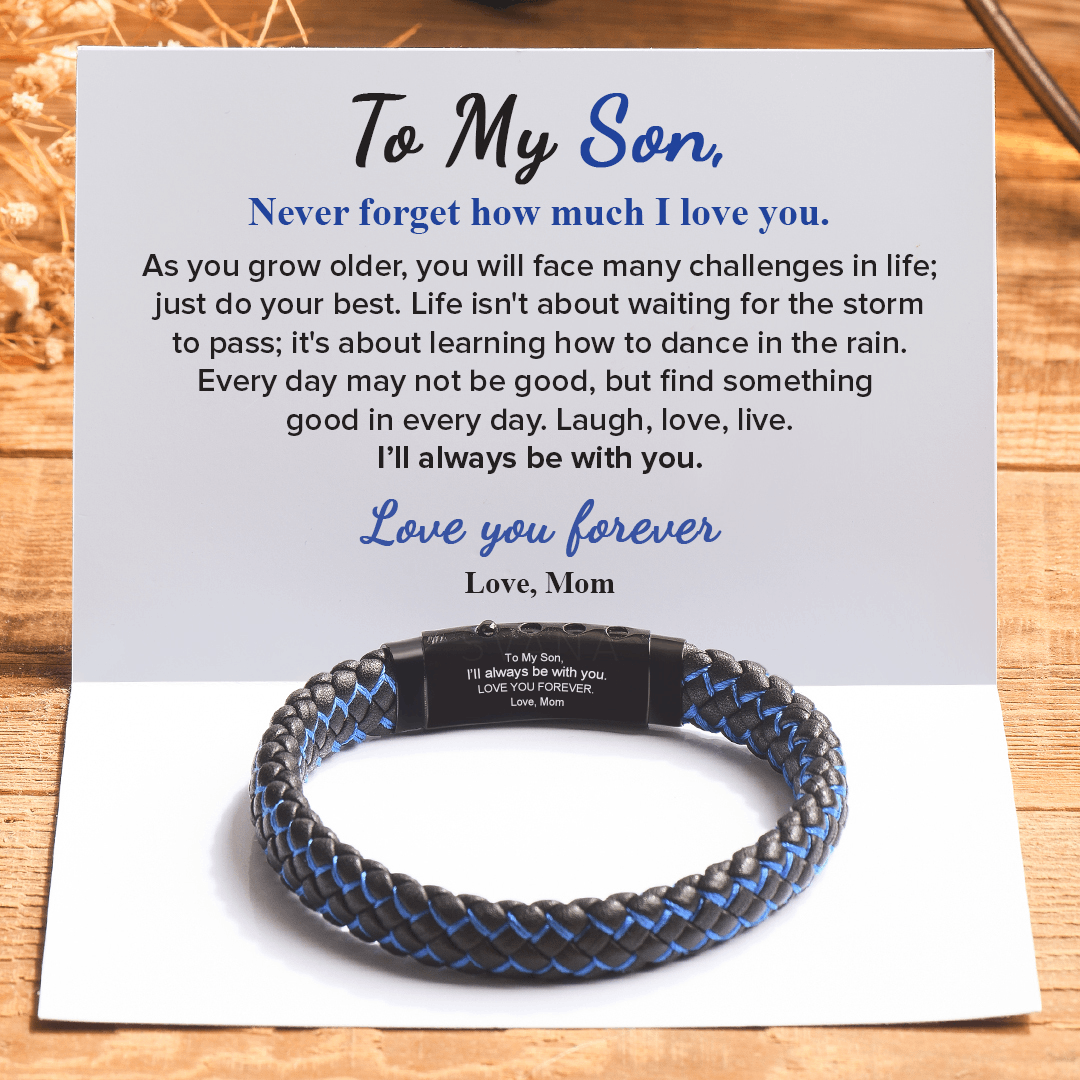 To My Son, Love You Forever Two-toned Leather Braided Bracelet on a personalized message card