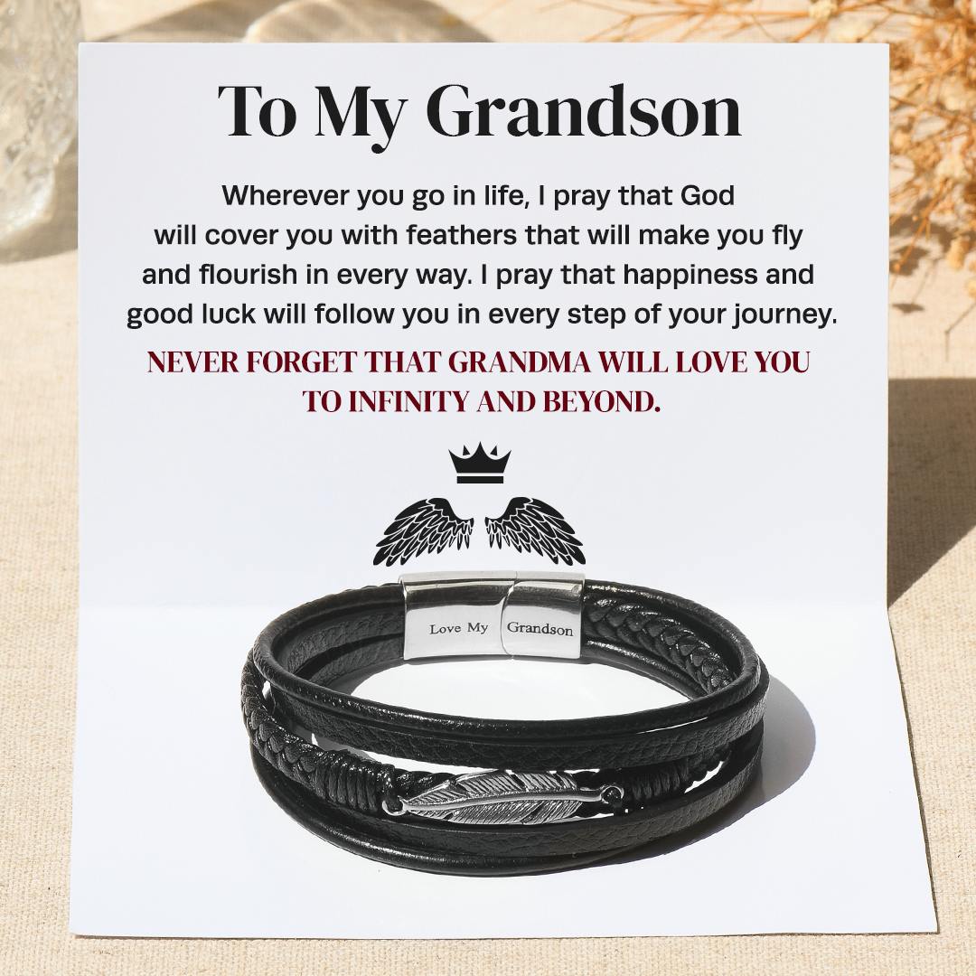 To My Grandson "Love You To Infinity And Beyond" Feather Bracelet on a personalized message card